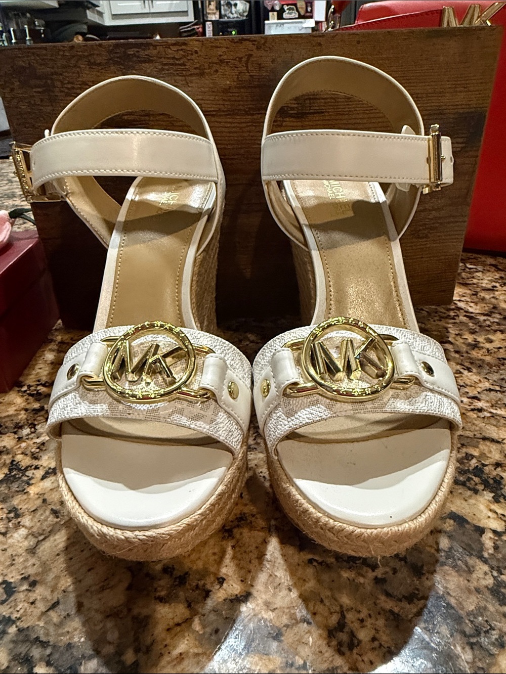 Michael Kors White Wedge Espadrilles with Gold MK Emblem